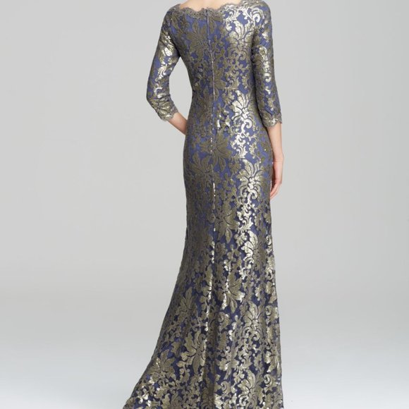 Tadashi Shoji Blue Gold Sequin Gown - Picture 5 of 9